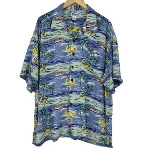 Utility Hawaiian Shirt Colorful Ocean Beach Boat Blue Green‎ XL
